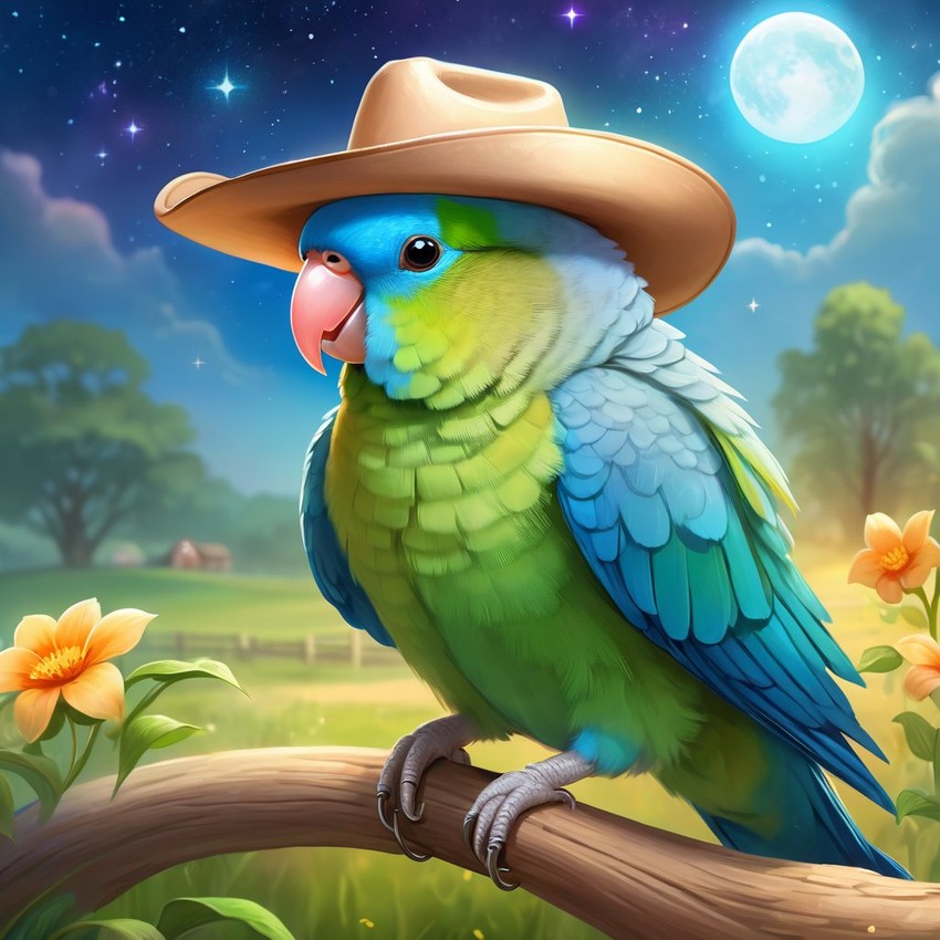 parrotlet bird as a cowboy wearing a hat, in the midwest countryside, on a farm.