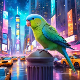 parrotlet bird in new york depicted in ethereal fantasy art, with a magical and celestial backdrop.