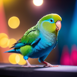 parrotlet bird strutting down the fashion show catwalk stage in a sleek metallic bodysuit with led accents, high energy and dramatic.