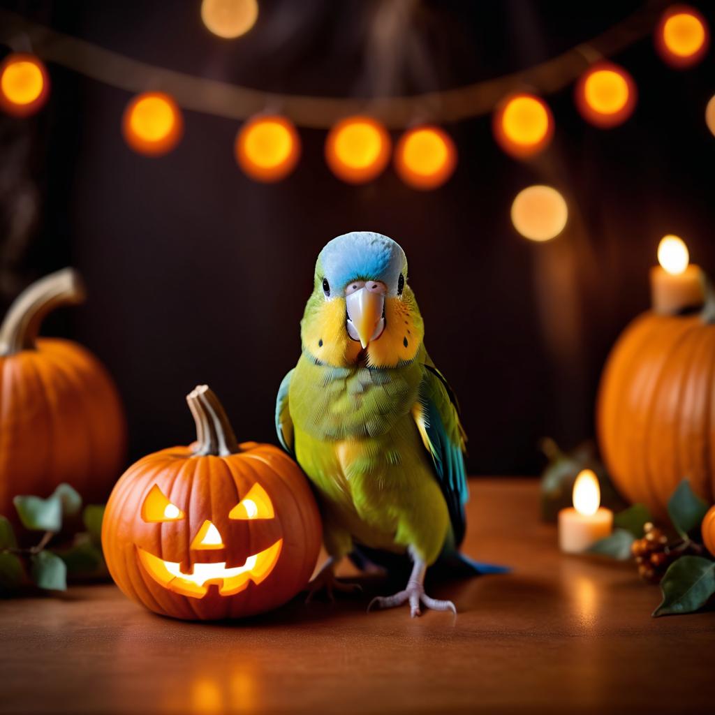 parrotlet bird in a halloween costume with pumpkins and eerie decorations, highlighting their festive spirit.