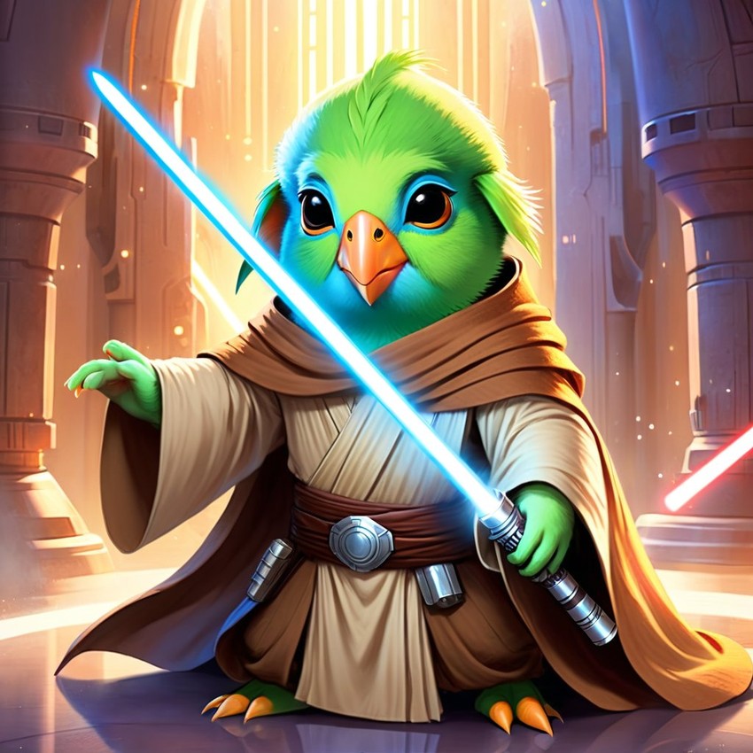 parrotlet bird as a jedi knight, with a lightsaber and star wars backdrop in a celestial, painterly style.