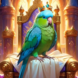 ethereal fantasy art of parrotlet bird as a king in a magical castle, wearing a crown and robe with a majestic, painterly style.