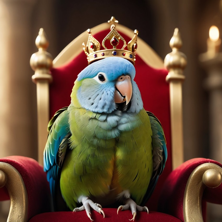 parrotlet bird as a king in a magical castle, wearing a crown and robe, seated on a throne.