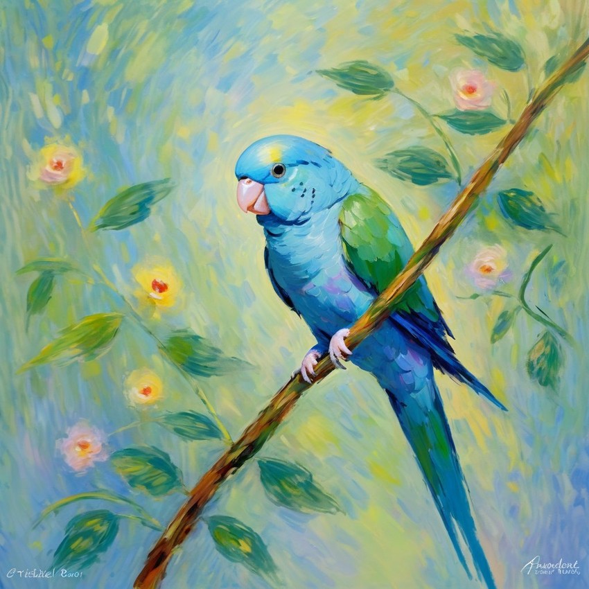 parrotlet bird in the style of monet, featuring delicate brush strokes and a classic, artistic appearance.