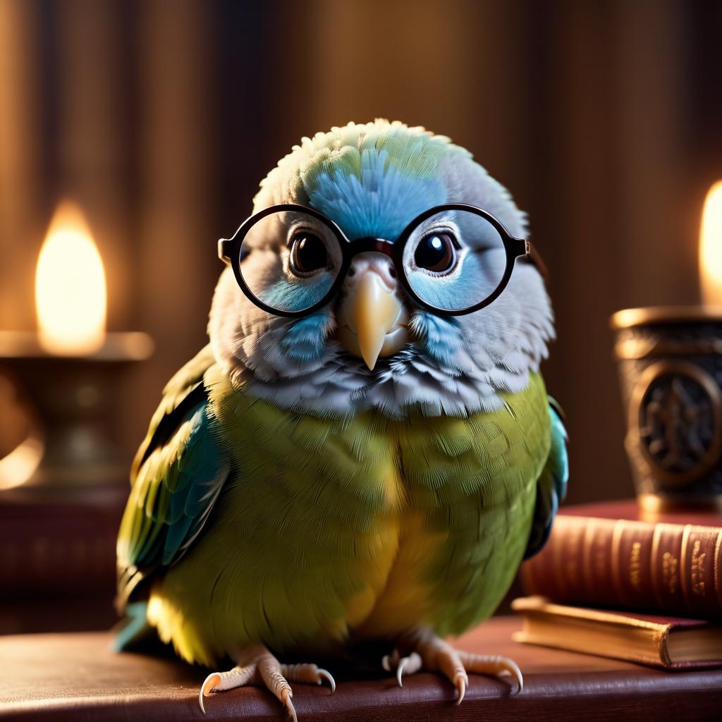 parrotlet bird as harry potter, with glasses and hogwarts setting, capturing the magical and epic essence.