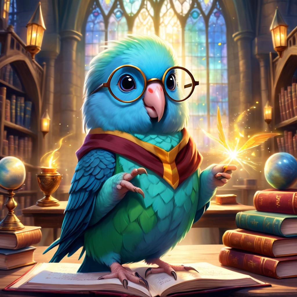 parrotlet bird as harry potter, with glasses and a magical hogwarts setting, evoking a celestial and epic feel.