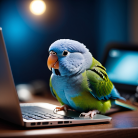 parrotlet bird as a programmer, working on a laptop in a hoodie, capturing a cute and happy moment.