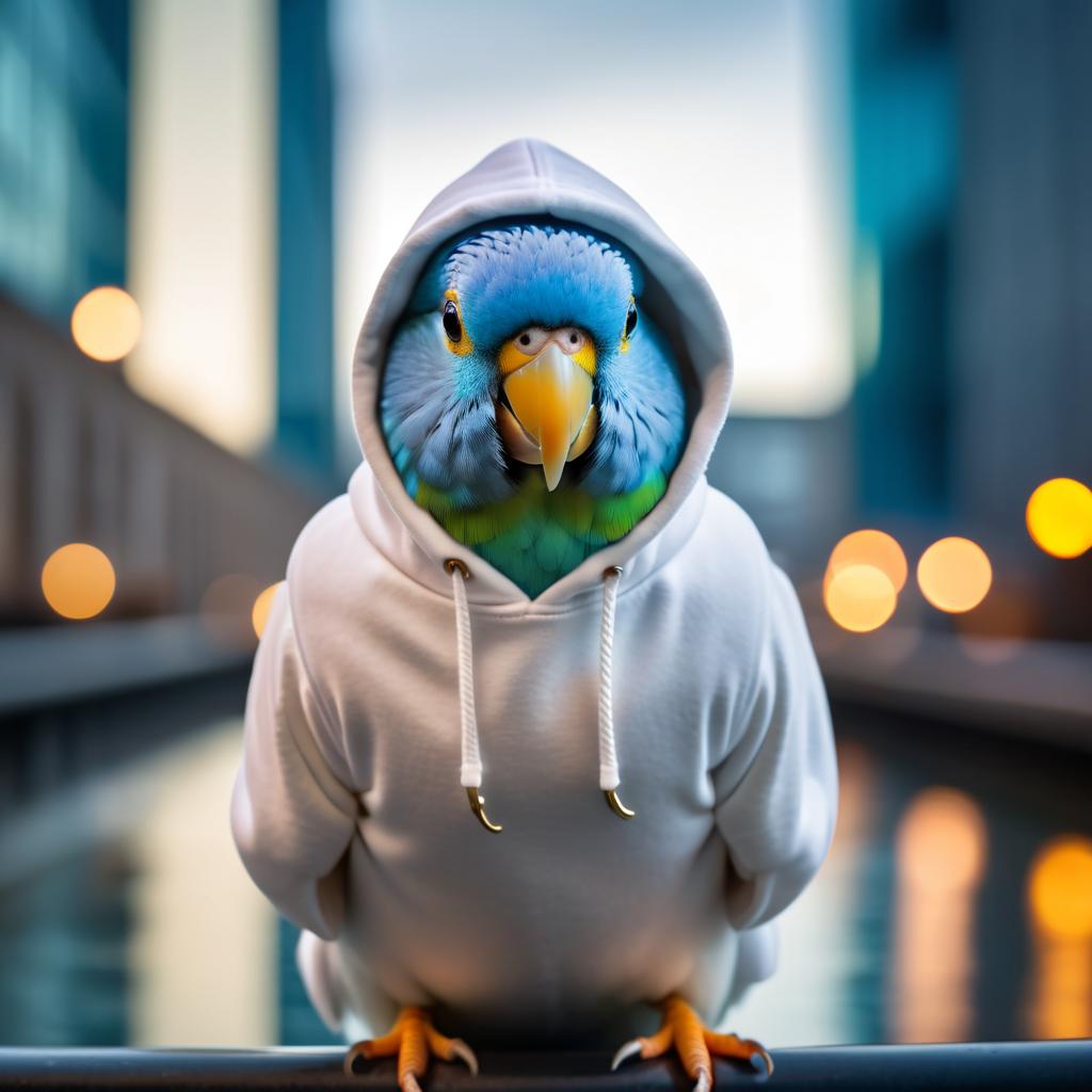 parrotlet bird in a white hoodie, showcasing a modern urban setting with a cute and stylish look.