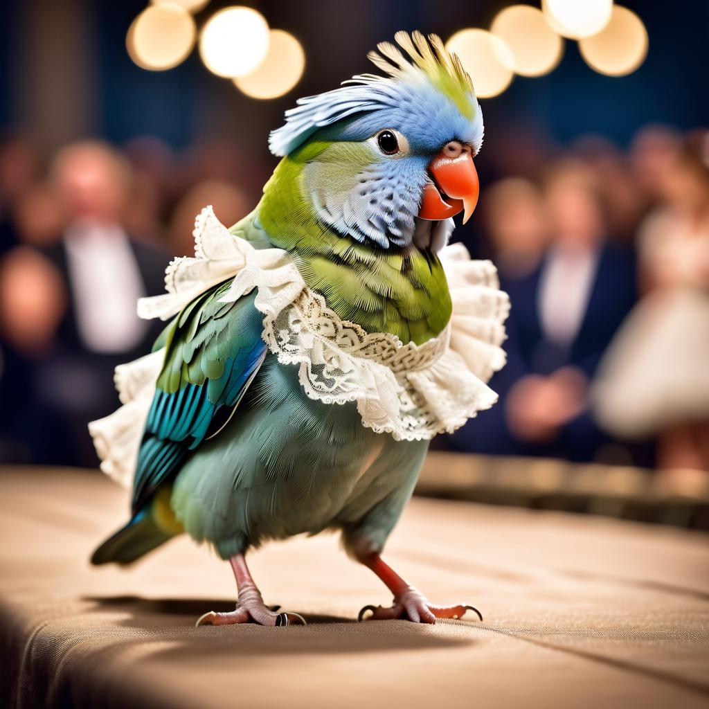 parrotlet bird strutting down the fashion show catwalk stage in a vintage victorian outfit with lace and ruffles, high energy and majestic.