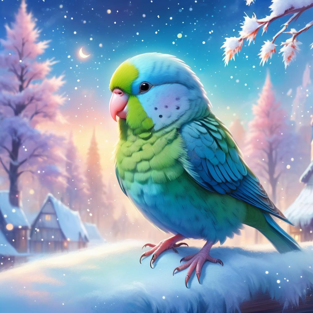 parrotlet bird in a winter scene, wearing stylish winter clothing, looking cute and happy.