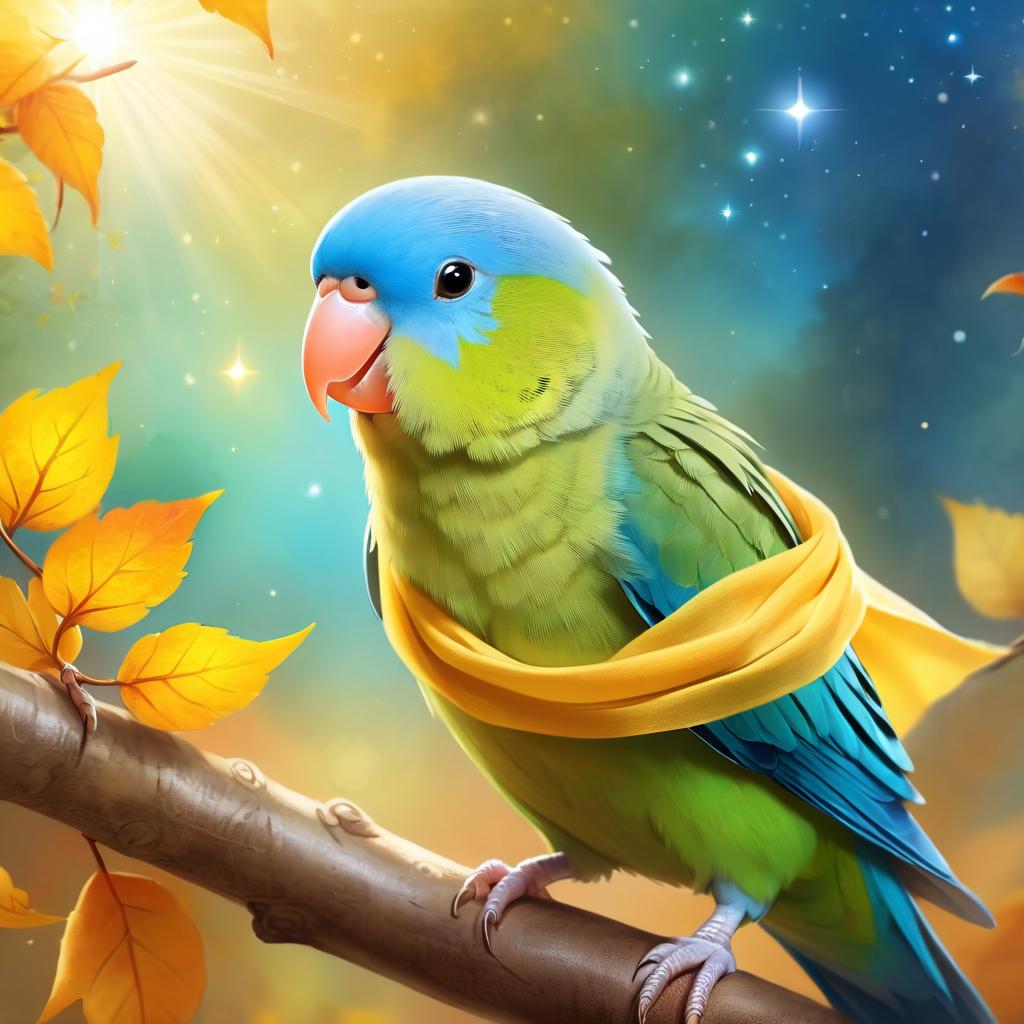 parrotlet bird in a yellow scarf, ethereal and magical style.