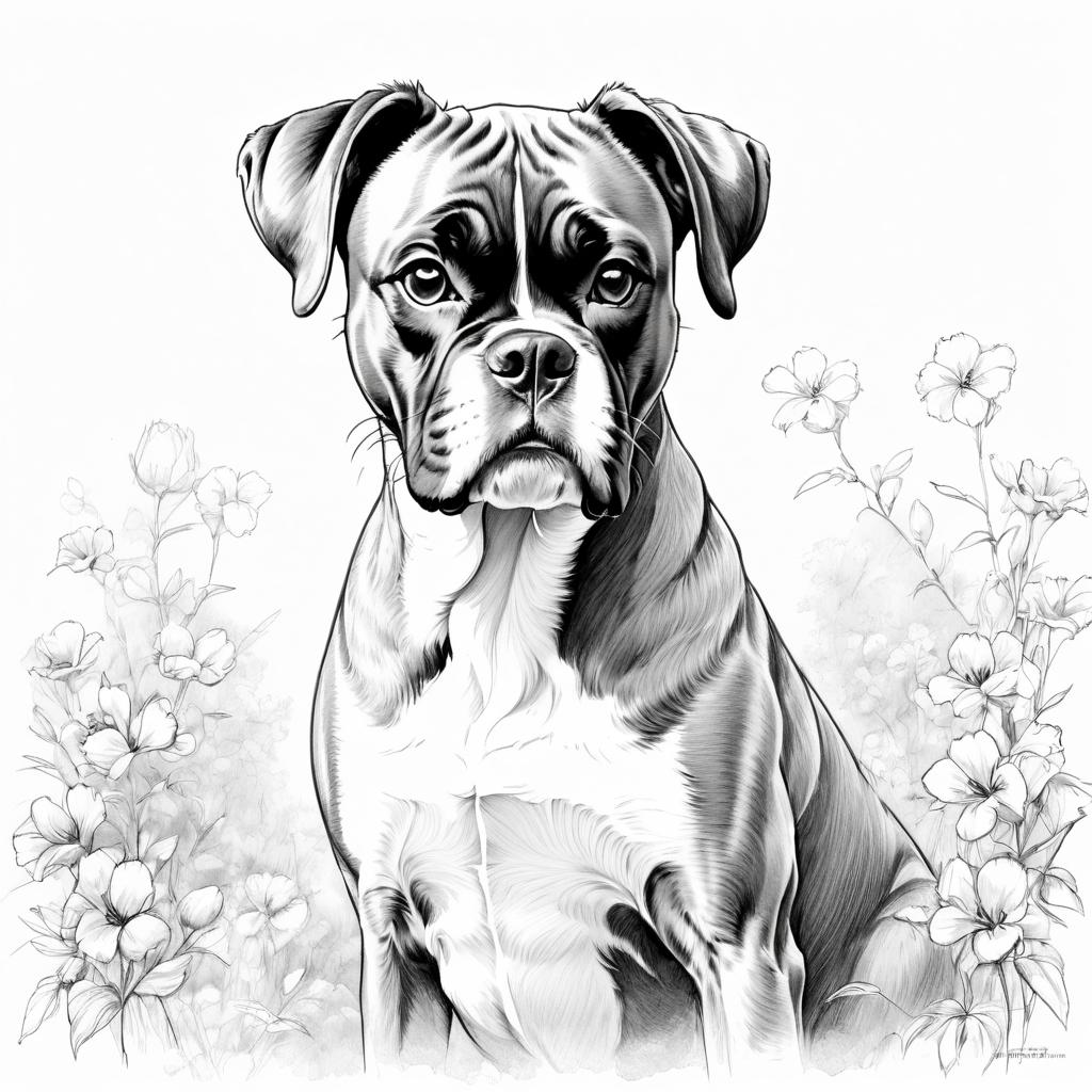 pencil sketch drawing of boxer, detailed line art in black and white, capturing a timeless and elegant representation.