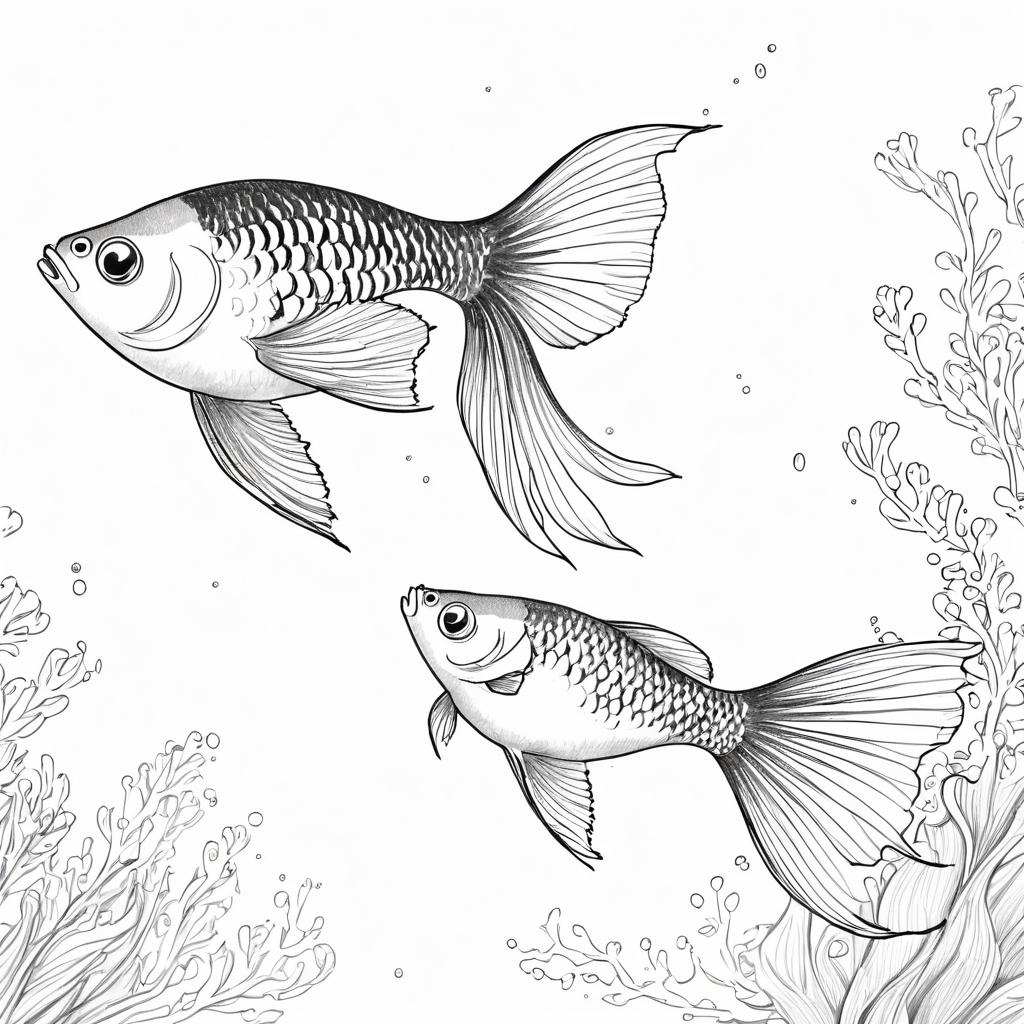 pencil sketch drawing of guppy fish, detailed line art in black and white, capturing a timeless and elegant representation.