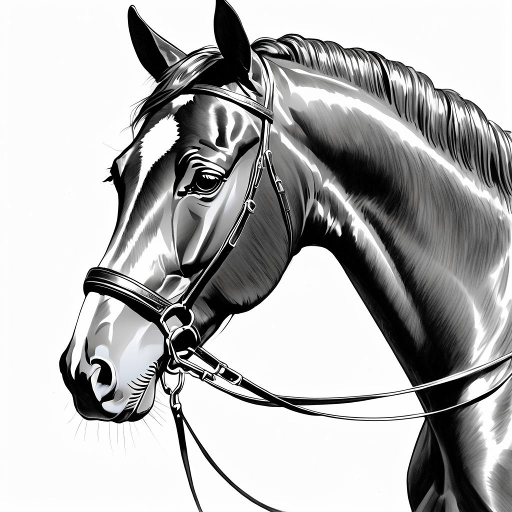 pencil sketch drawing of thoroughbred horse, detailed line art in black and white, capturing a timeless and elegant representation.