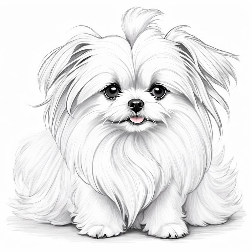 pencil sketch drawing of maltese, detailed line art in black and white, capturing a timeless and elegant representation.