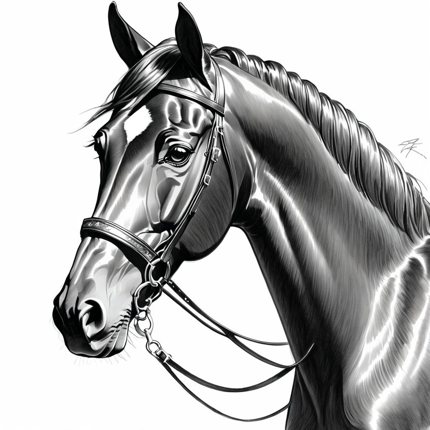 pencil sketch drawing of morgan horse, detailed line art in black and white, capturing a timeless and elegant representation.