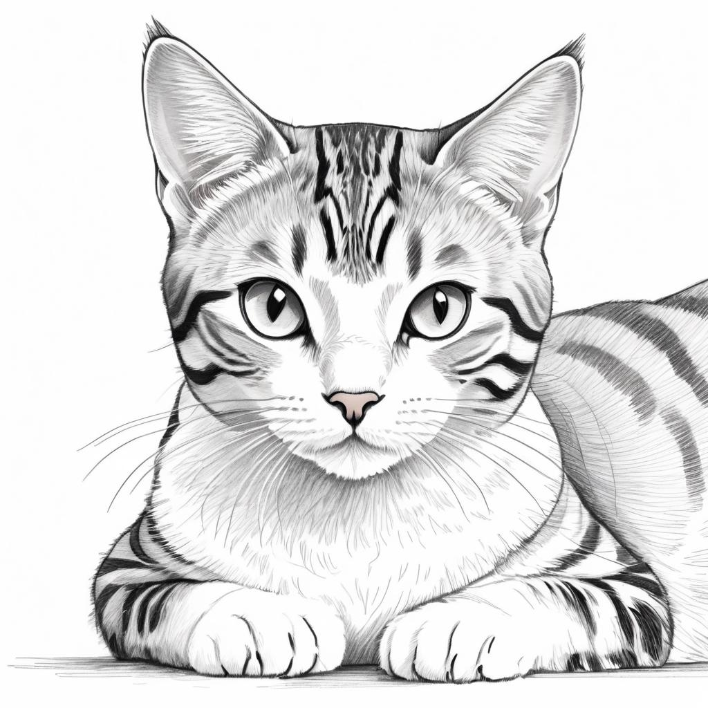 pencil sketch drawing of american shorthair cat, detailed line art in black and white, capturing a timeless and elegant representation.