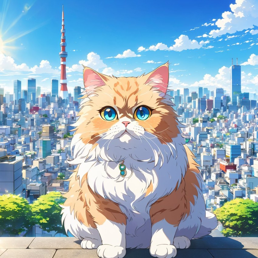 anime artwork of persian cat in tokyo on a sunny day with clear blue skies and cityscape background.