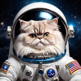 persian cat as astronaut in space, wearing spacesuit, highly detailed and lifelike.