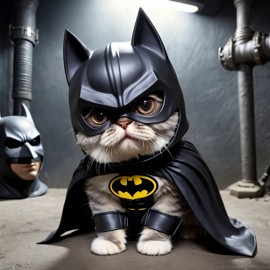 persian cat as batman in batcave, wearing batman suit and mask, highly detailed.