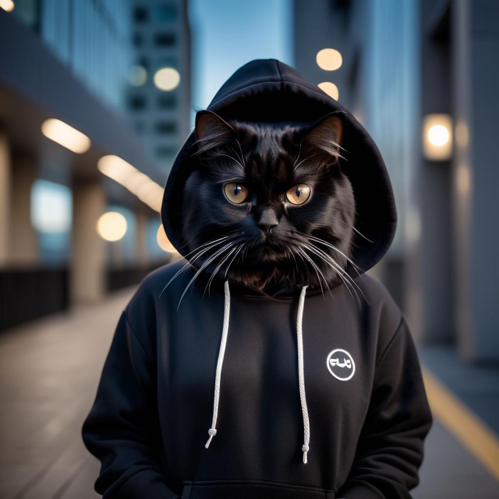 persian cat in a black hoodie, set against a modern urban backdrop, emphasizing a stylish and trendy look.