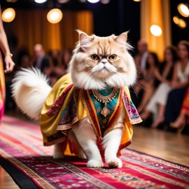 persian cat strutting down the fashion show catwalk stage in a colorful bohemian outfit with flowing fabrics, high energy and joyful.