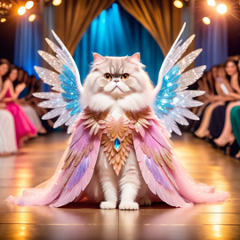 persian cat strutting down the fashion show catwalk stage in a magical fairytale dress with glittering wings, high energy and magical.