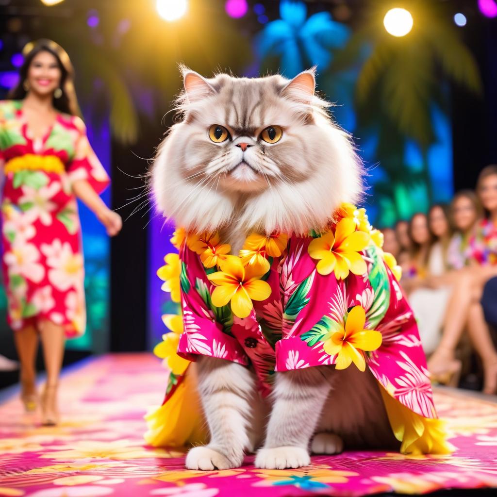 persian cat strutting down the fashion show catwalk stage in a vibrant hawaiian shirt and a floral lei, high energy and joyful.