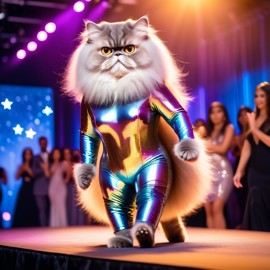 persian cat strutting down the fashion show catwalk stage in a sleek metallic bodysuit with led accents, high energy and dramatic.