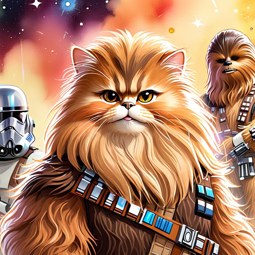 watercolor painting of persian cat as chewbacca from star wars, in a star wars environment, vibrant and detailed.