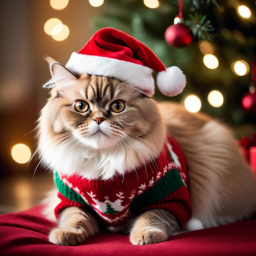 persian cat in a christmas sweater and santa hat, festive and detailed.