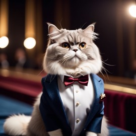 persian cat in a classy suit on a fashion stage, showcasing elegance and charm in a highly detailed, epic scene.