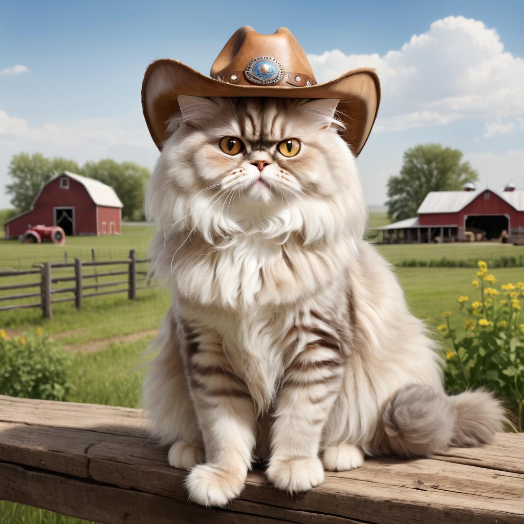 persian cat as a cowboy wearing a hat, in the midwest countryside, on a farm.