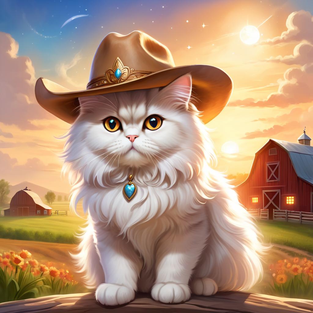 persian cat as a cowboy wearing a hat, in the midwest countryside, on a farm.