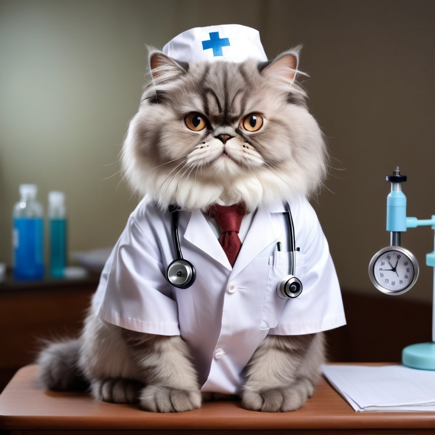 persian cat as a doctor with extreme detail in a studio setting, lifelike and high resolution.