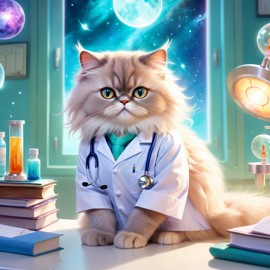 persian cat as a doctor in a magical hospital setting, ethereal and dreamy with celestial details.