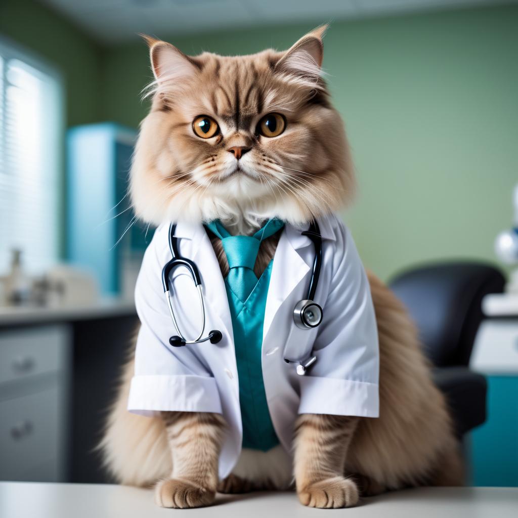 persian cat as a doctor in an office, detailed and charming, with high budget, bokeh, and a moody atmosphere.