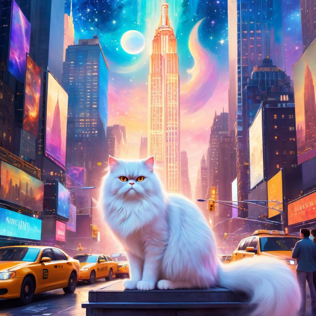 persian cat in new york depicted in ethereal fantasy art, with a magical and celestial backdrop.