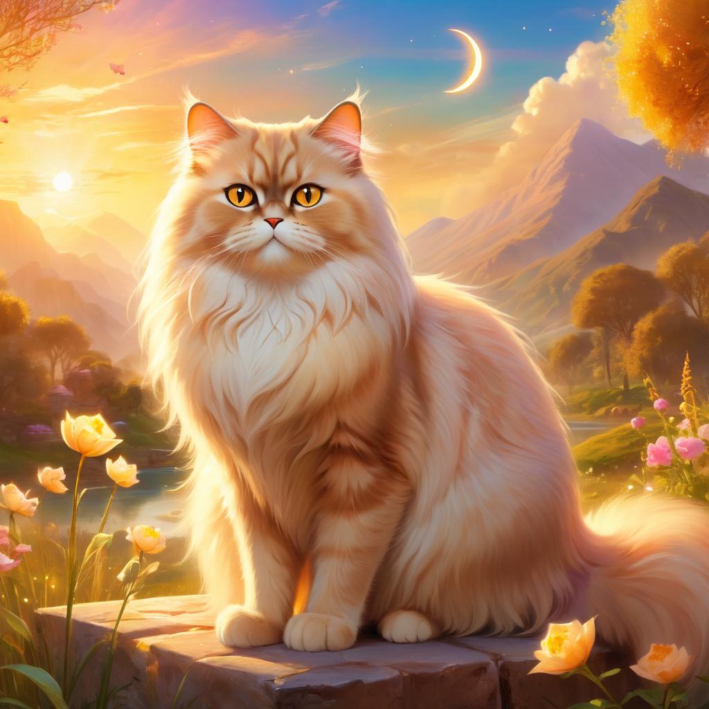 persian cat during golden hour, with a celestial and magical atmosphere, capturing their beauty in a dreamy setting.