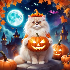 persian cat in a halloween costume, with a magical and ethereal atmosphere surrounded by pumpkins.