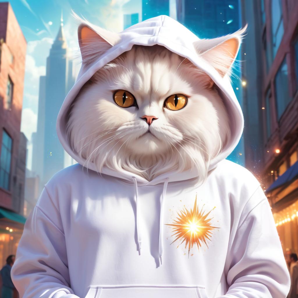 persian cat in a white hoodie, featuring a magical and ethereal urban setting with a cute and happy vibe.