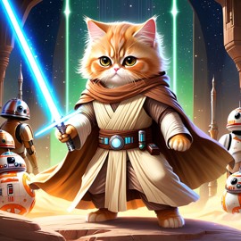 persian cat as a jedi knight, with a lightsaber and star wars backdrop in a celestial, painterly style.