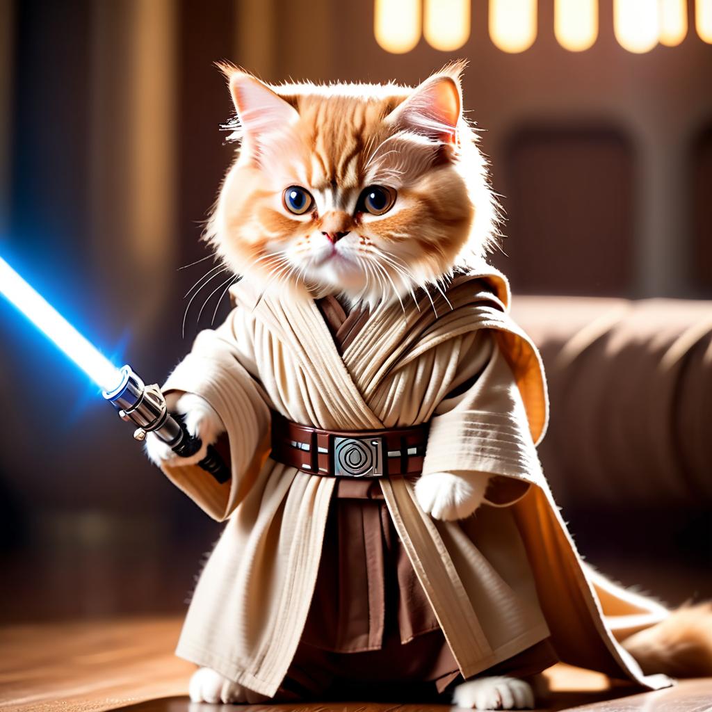 persian cat as a jedi knight, featuring a lightsaber and a star wars environment in a high-detail, epic style.