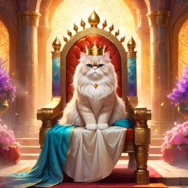 ethereal fantasy art of persian cat as a king in a magical castle, wearing a crown and robe with a majestic, painterly style.