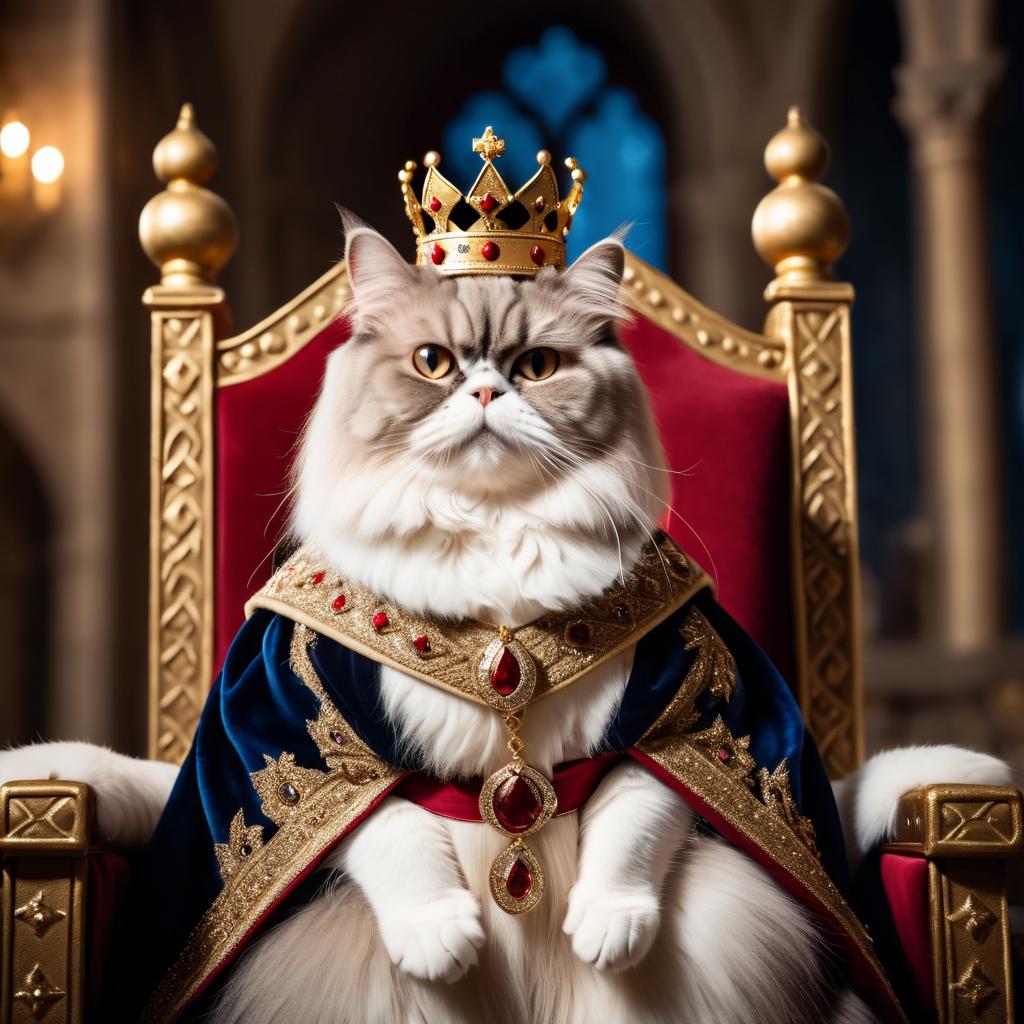 persian cat as a king in a magical castle, wearing a crown and robe, seated on a throne.