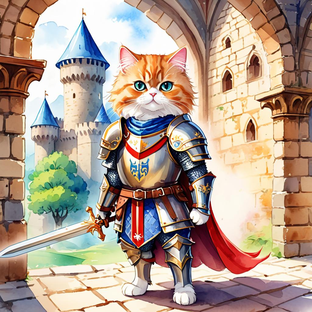 watercolor painting of persian cat as a medieval knight in a vibrant, detailed castle scene.