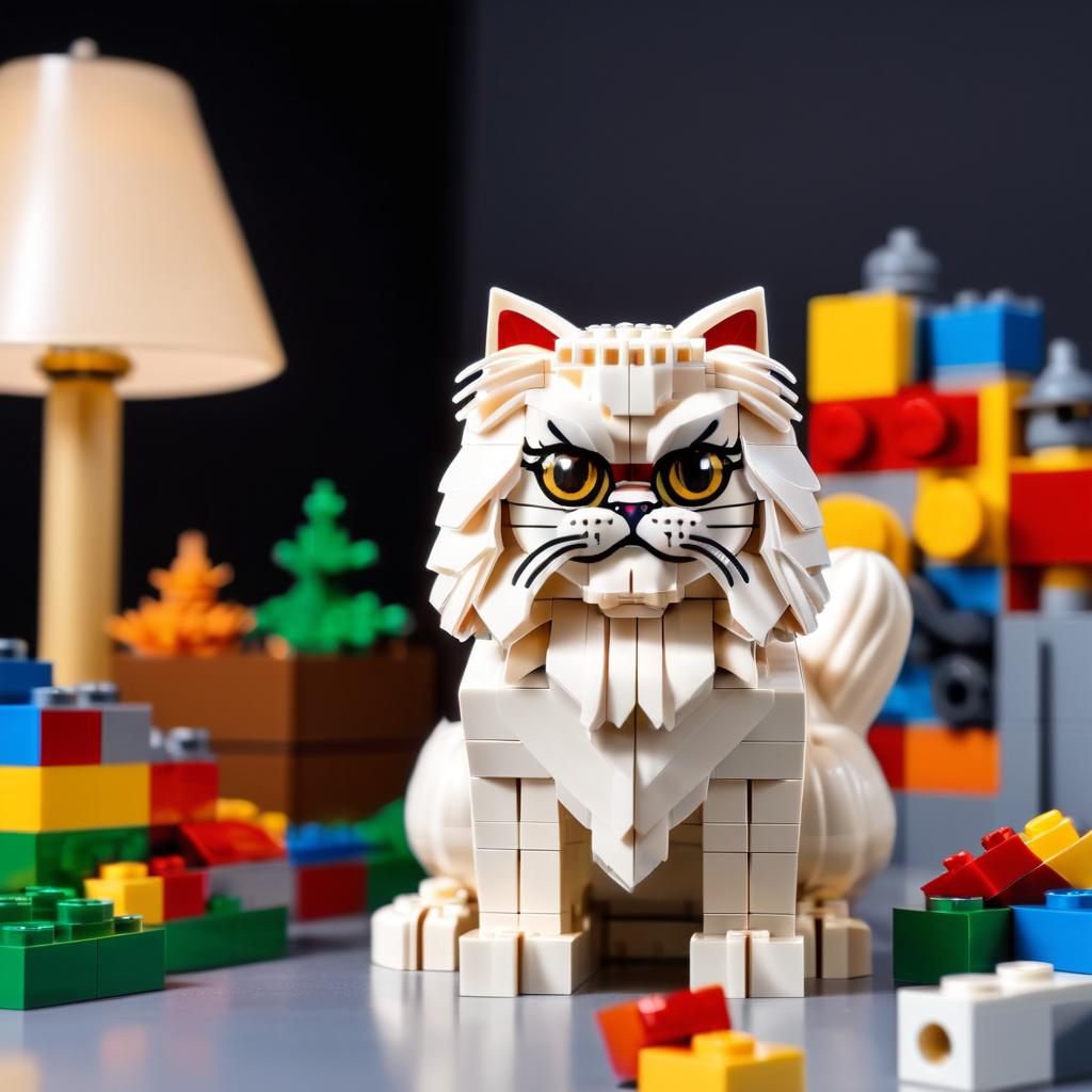 persian cat made of lego bricks in a professional studio photo, detailed and colorful lego environment.