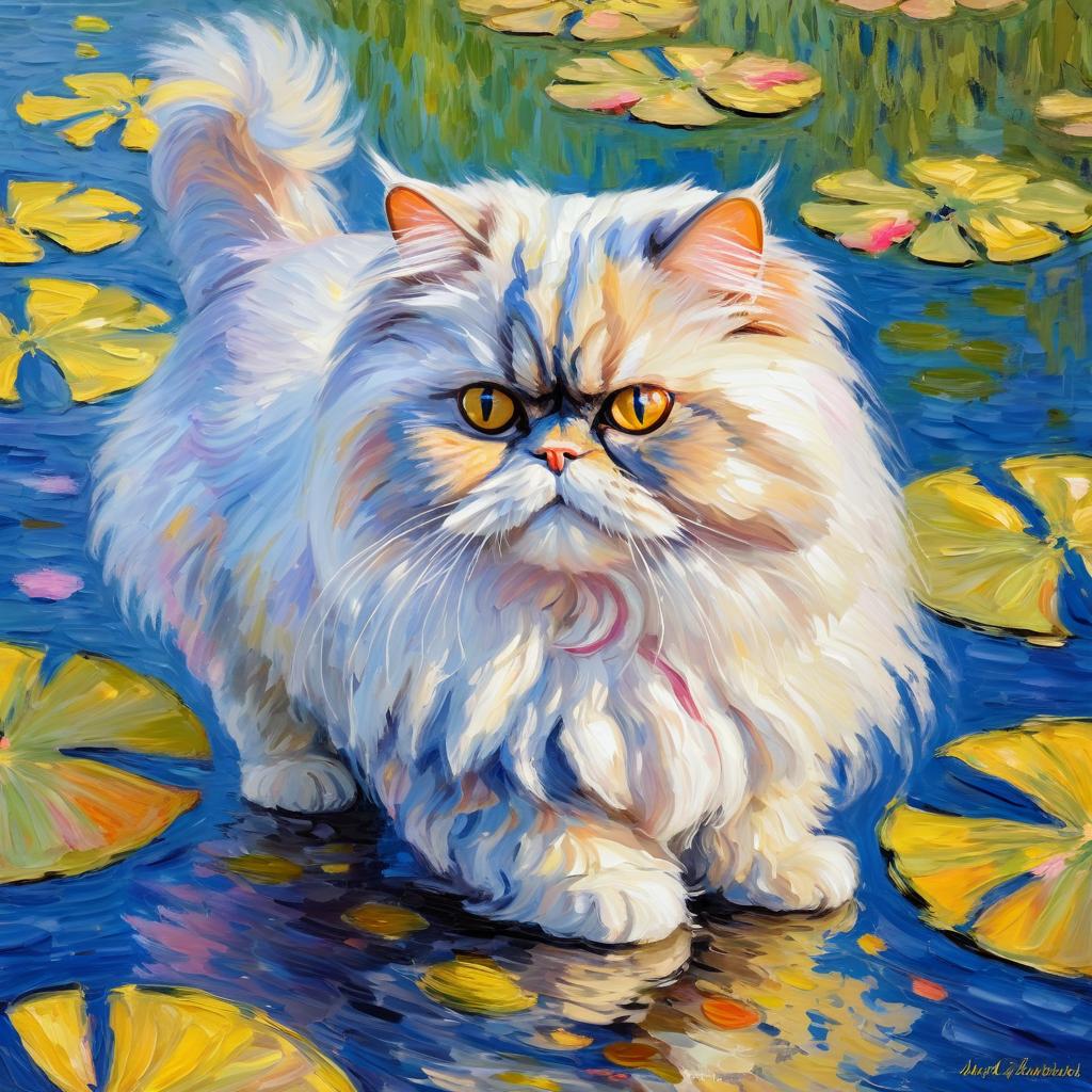 persian cat in the style of monet, featuring delicate brush strokes and a classic, artistic appearance.