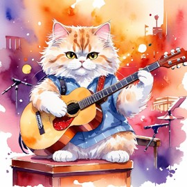 persian cat as a musician in a watercolor painting, playing guitar in a vibrant and detailed concert hall scene.