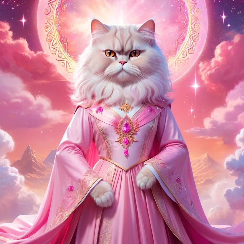 persian cat in pink clothing, set in a beautiful pink scene with a dreamy, magical vibe.